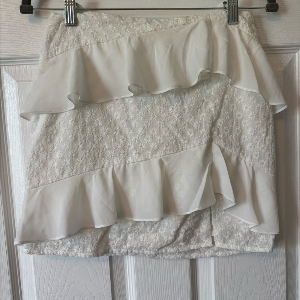Privacy Please Revolve Cream Mini Skirt with Ruffled Tiers